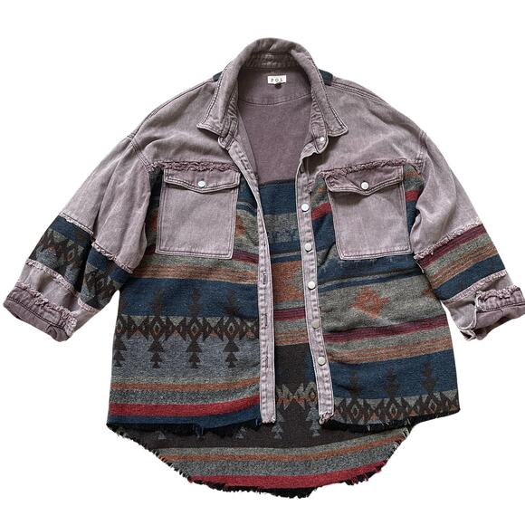Rare POL Aztec Shacket M | Western Patchwork Jacket, Fringe Hem, Oversized Fit - Picture 4 of 6
